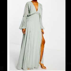 ASOS DESIGN maxi dress with embellished lace and satin ring detail in sage